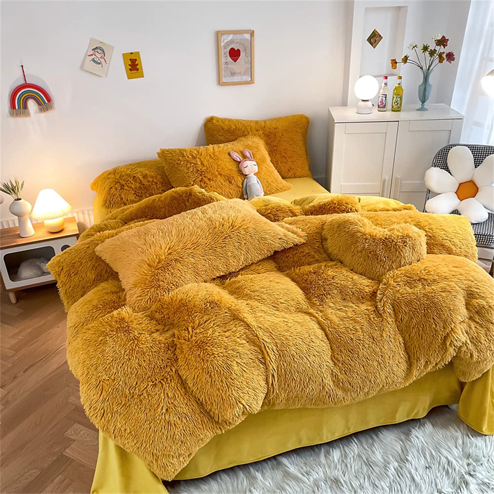 Chovy Faux Fur Plush Ginger Yellow Comforter Sets King - Ultra Soft Shaggy Flannel Velvet Fluffy Fuzzy 3Pc Bedding Set (Comforte